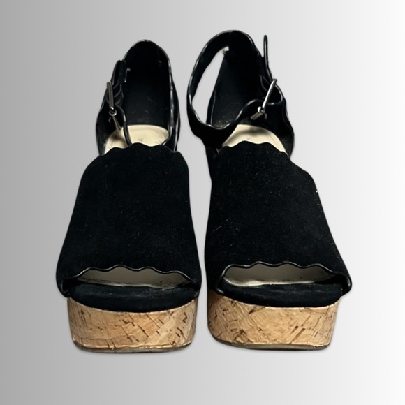 Marc Fisher Haya Black Leather Suede Cork Ankle Strap Peep Toe Wedge Sandal, 8 - Picture 4 of 8